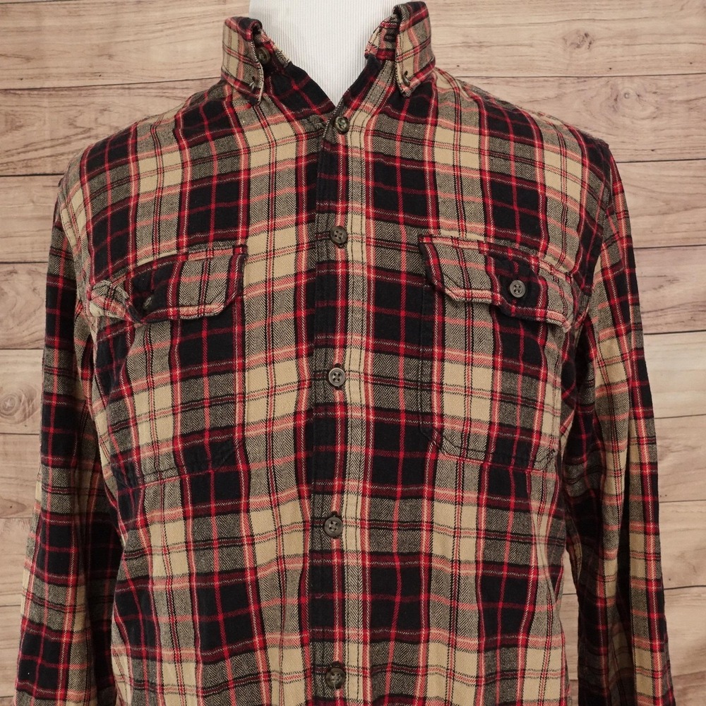 Faded Glory Shirt Mens M Beige Red Plaid Long Sleeve Button-Up Flannel Cotton